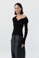 Petit Polo Knit Top - Black