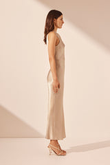 La Lune High Neck Bias Midi Dress - Gold