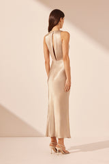 La Lune High Neck Bias Midi Dress - Gold