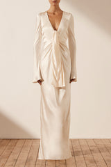 La Lune Plunged Tie Front Maxi Dress - Cream