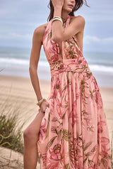 Ruched Sash Maxi Dress - Peach