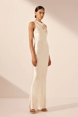 La Lune High Neck Bias Maxi Dress - Cream