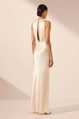 La Lune High Neck Bias Maxi Dress - Cream