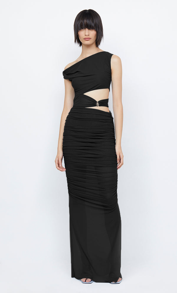 Whorl Asym Maxi Dress - Black