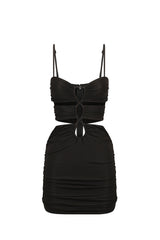 Yvette Lace Up Ruched Mini Dress - Black