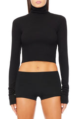 Cropped Fitted Turtleneck Top - Black