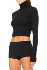 Cropped Fitted Turtleneck Top - Black