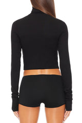 Cropped Fitted Turtleneck Top - Black