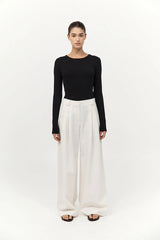 Twill Wide Leg Pleat Pants - Off-White
