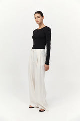 Twill Wide Leg Pleat Pants - Off-White