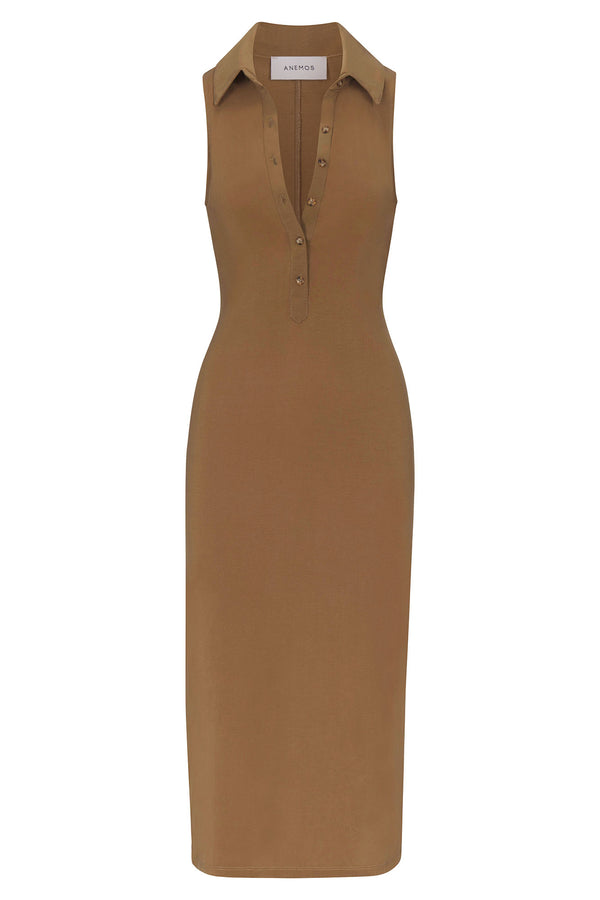 Collared Sleeveless Fitted Midi Dress - Sandstone
