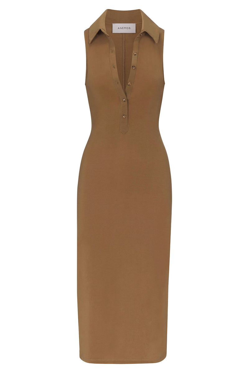 Collared Sleeveless Fitted Midi Dress - Sandstone