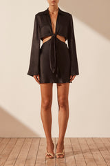 Oliviera Long Sleeve Tie Front Mini Dress - Black