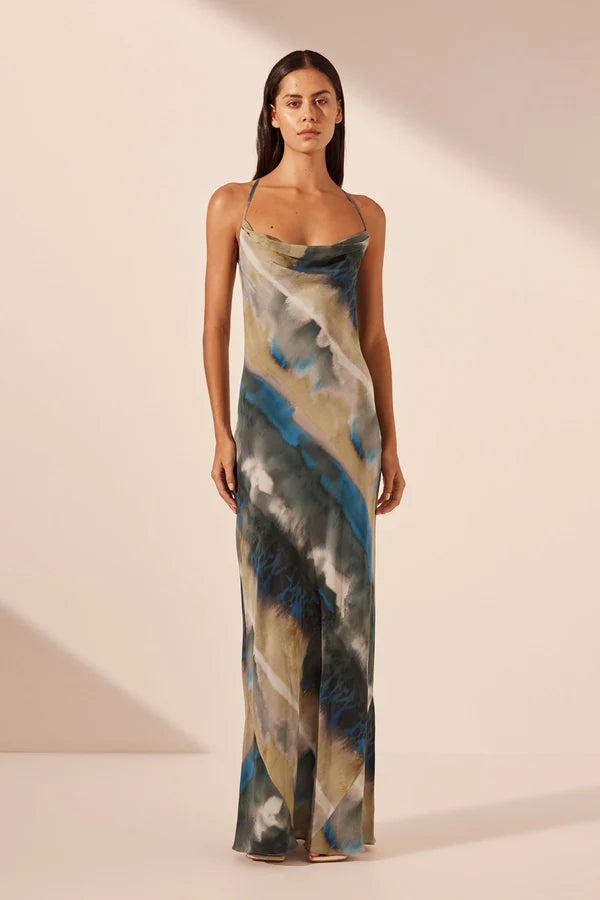 Jardin Silk Double Cowl Bias Maxi Dress - Aqua