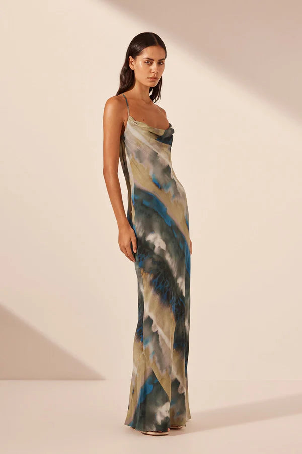 Jardin Silk Double Cowl Bias Maxi Dress - Aqua