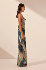 Jardin Silk Double Cowl Bias Maxi Dress - Aqua