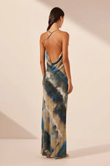 Jardin Silk Double Cowl Bias Maxi Dress - Aqua
