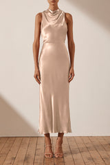 La Lune High Neck Bias Midi Dress - Gold