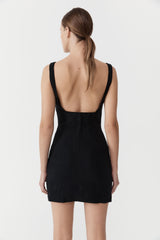 Linen Square Neck Mini Dress - Black