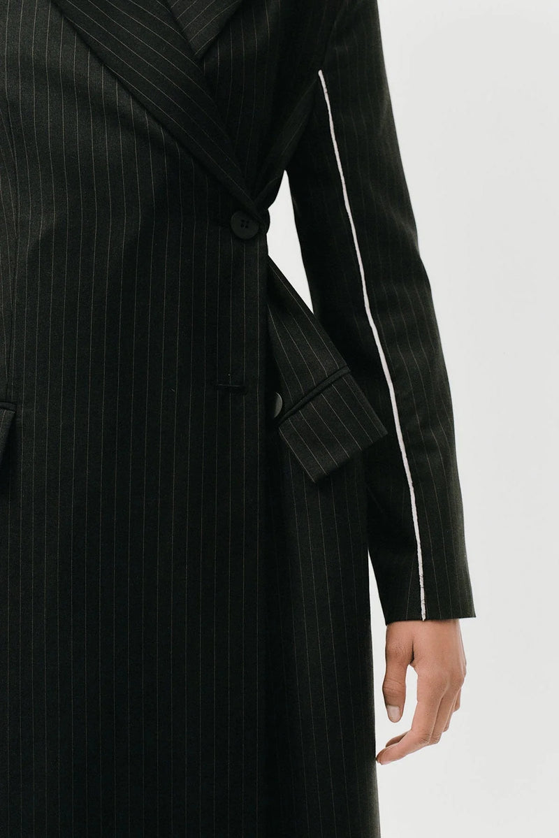 Pinstripe Maxi Coat - Black