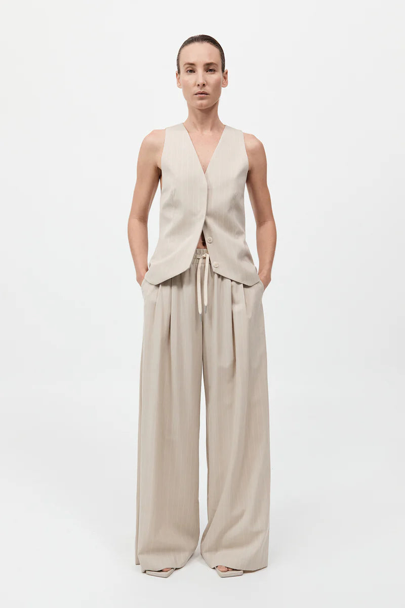 Pinstripe Wool Drawstring Pants - Latte
