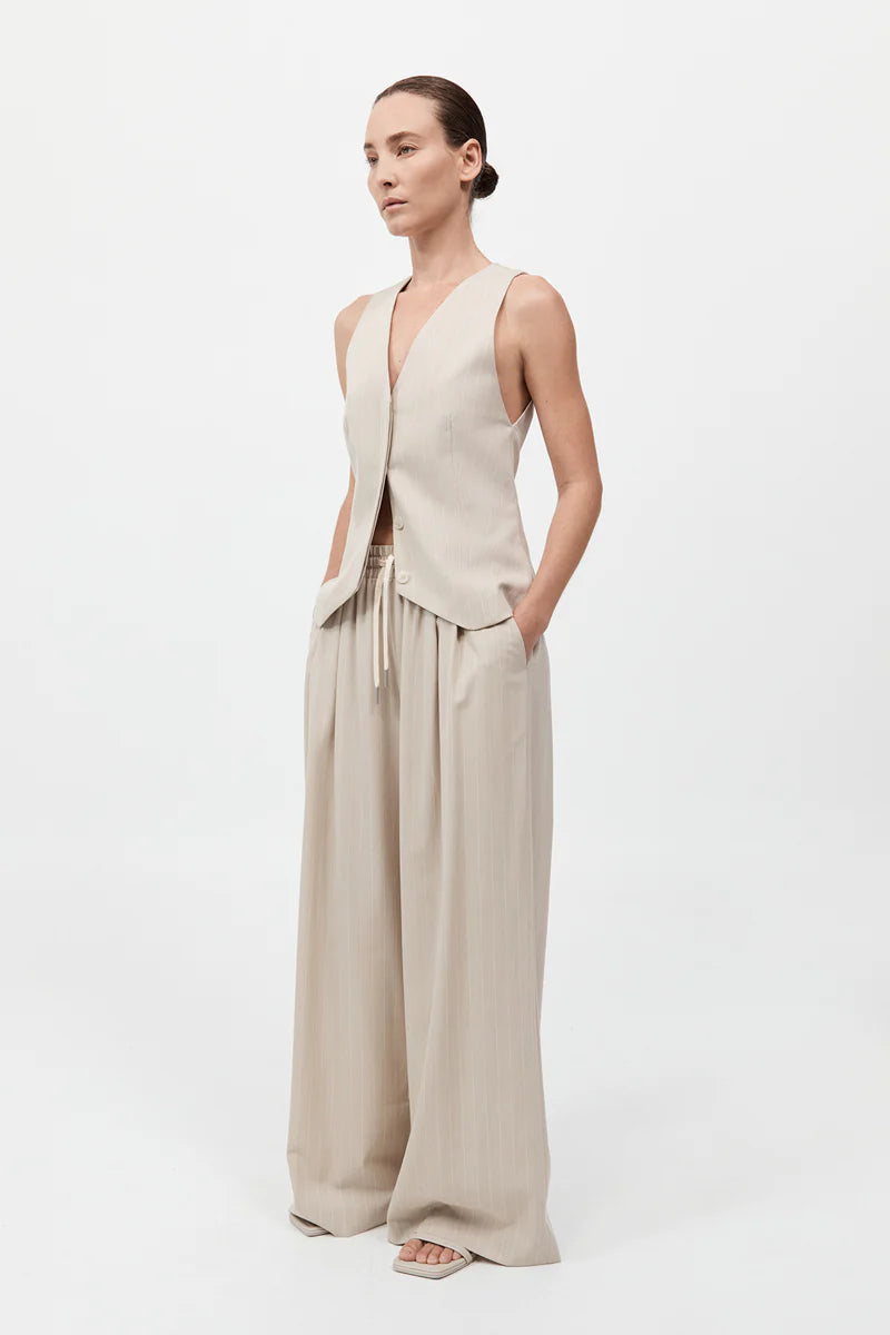 Pinstripe Wool Drawstring Pants - Latte