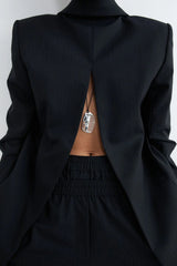 Split Back Blazer - Black Pinstripe