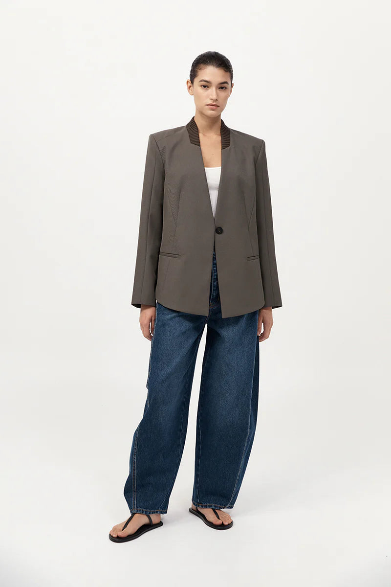 Rib Collar Blazer - Khaki