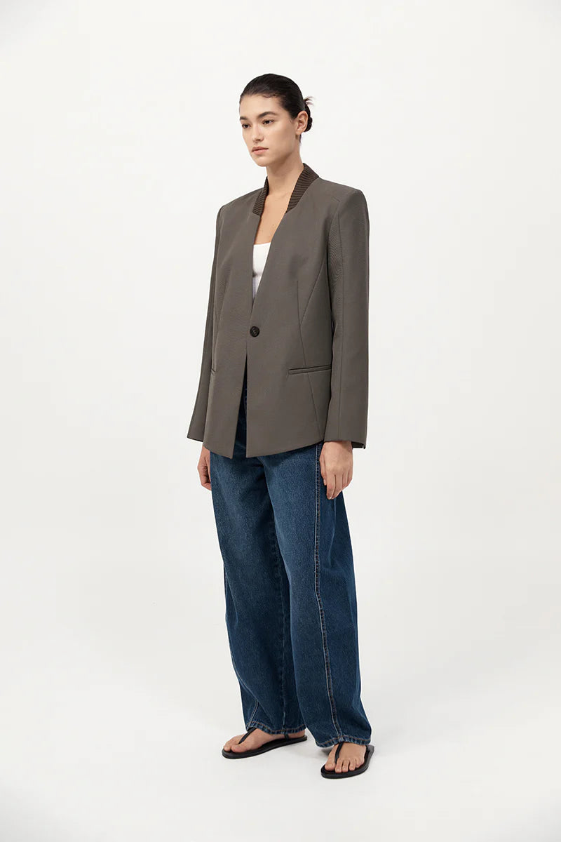 Rib Collar Blazer - Khaki