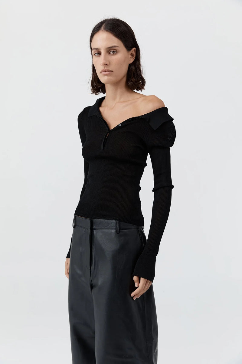 Petit Polo Knit Top - Black
