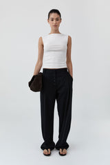 Wool Button Front Pleat Pants - Black