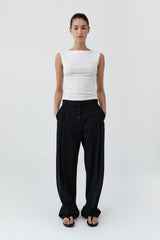 Wool Button Front Pleat Pants - Black