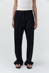 Wool Button Front Pleat Pants - Black