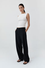 Wool Button Front Pleat Pants - Black
