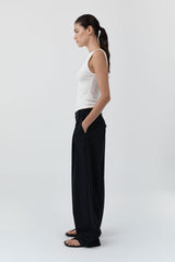 Wool Button Front Pleat Pants - Black