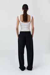 Wool Button Front Pleat Pants - Black