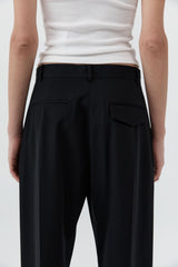 Wool Button Front Pleat Pants - Black