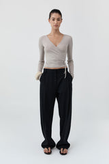 Wool Button Front Pleat Pants - Black