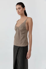 Suede Low Back Tie Top - Earth