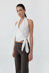 Pinstripe Halter Wrap Top - White - BLVD