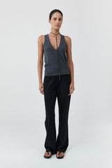 Plunge Rouleau Knit Tie Top - Iron Melange