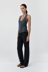Plunge Rouleau Knit Tie Top - Iron Melange