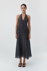 Woven Check Halter Dress - Iron Glaze