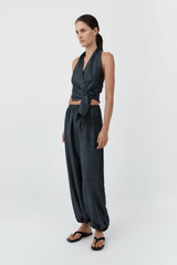 Silk Halter Wrap Top - Washed Black