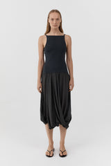 Knit Bodice Sheer Drape Dress - Magnet