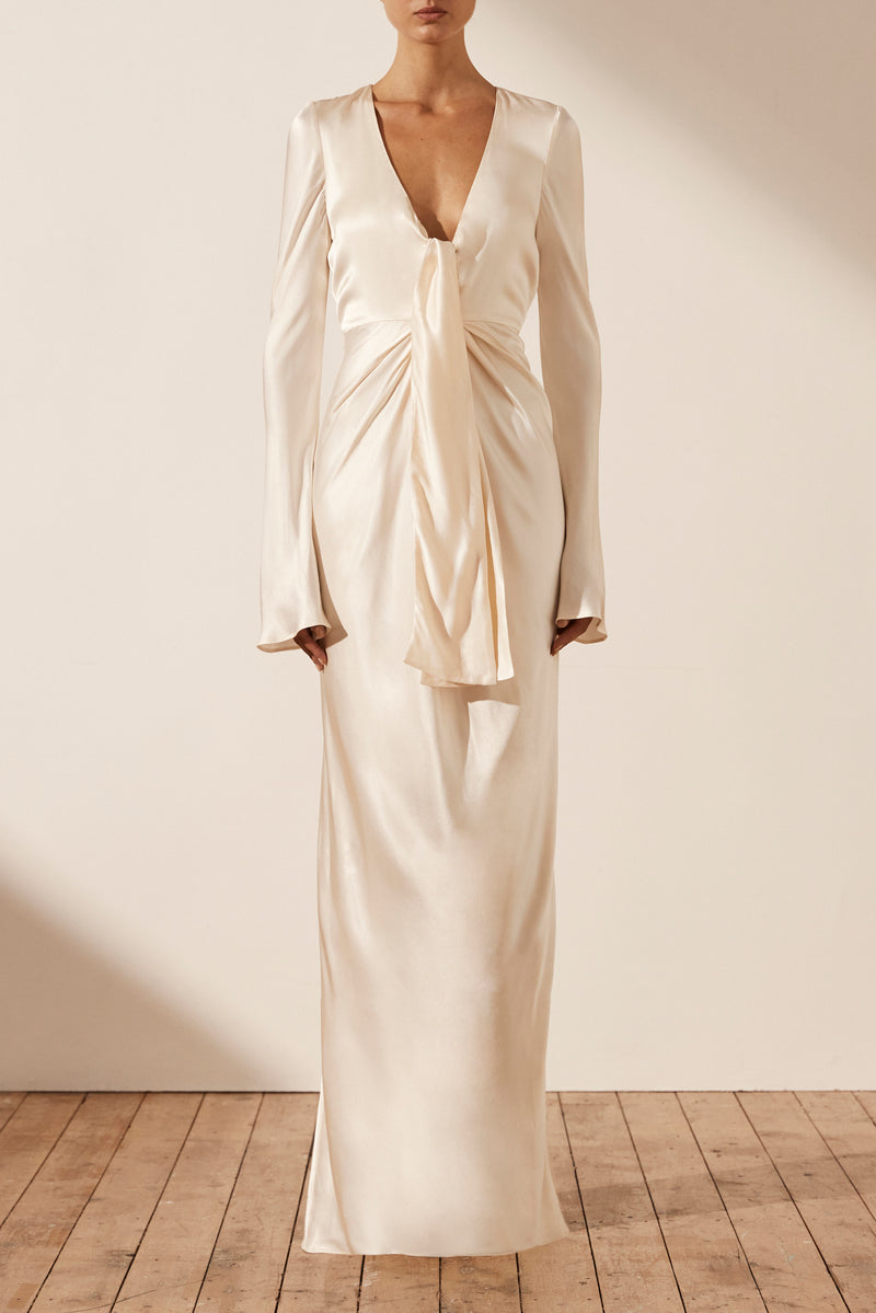 La Lune Plunged Tie Front Maxi Dress - Cream La Lune Plunged Tie Front Maxi Dress - Cream