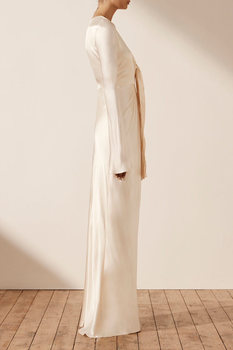 La Lune Plunged Tie Front Maxi Dress - Cream