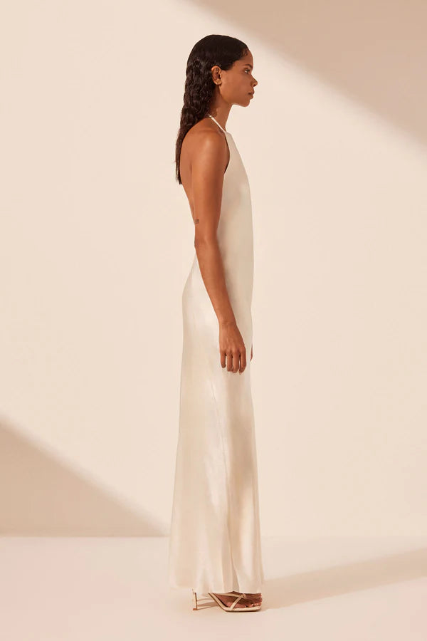 low back silk dress La Lune Low Bk Halter Neck Midi Dress
