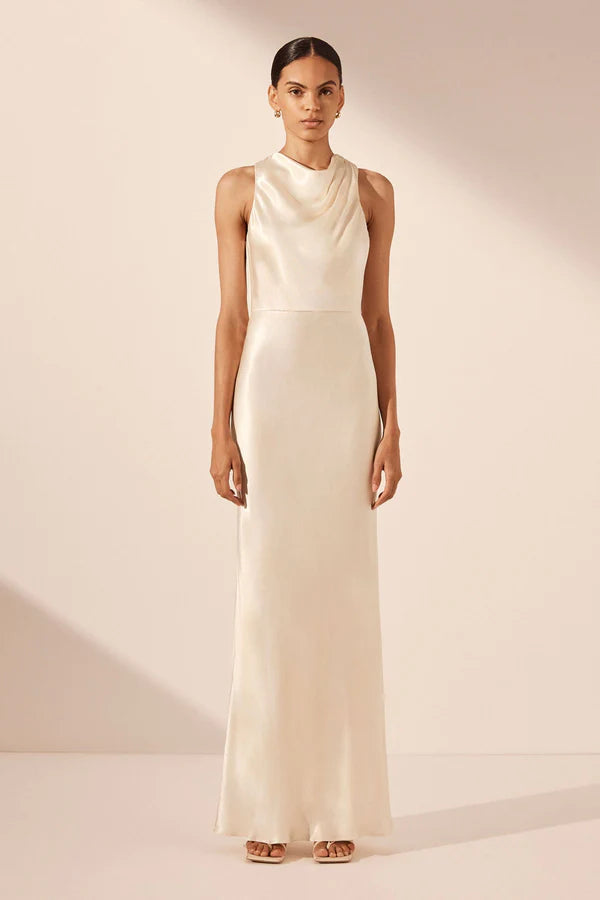 La Lune High Neck Bias Maxi Dress - Cream