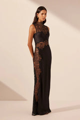 Jamila Lace High Neck Maxi Dress - Black